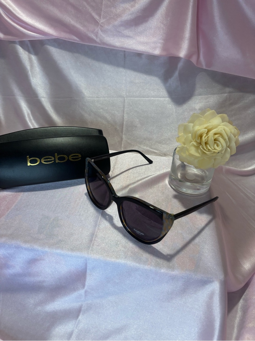 BEBE Black Tortoise Cat-Eye Sunglasses with Dark Lenses